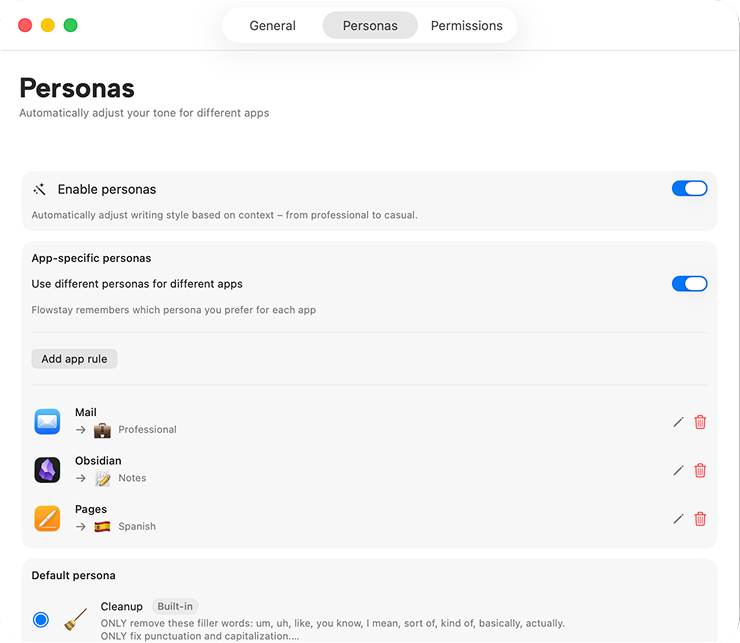 Personas settings showing cleanup, translation, and custom options
